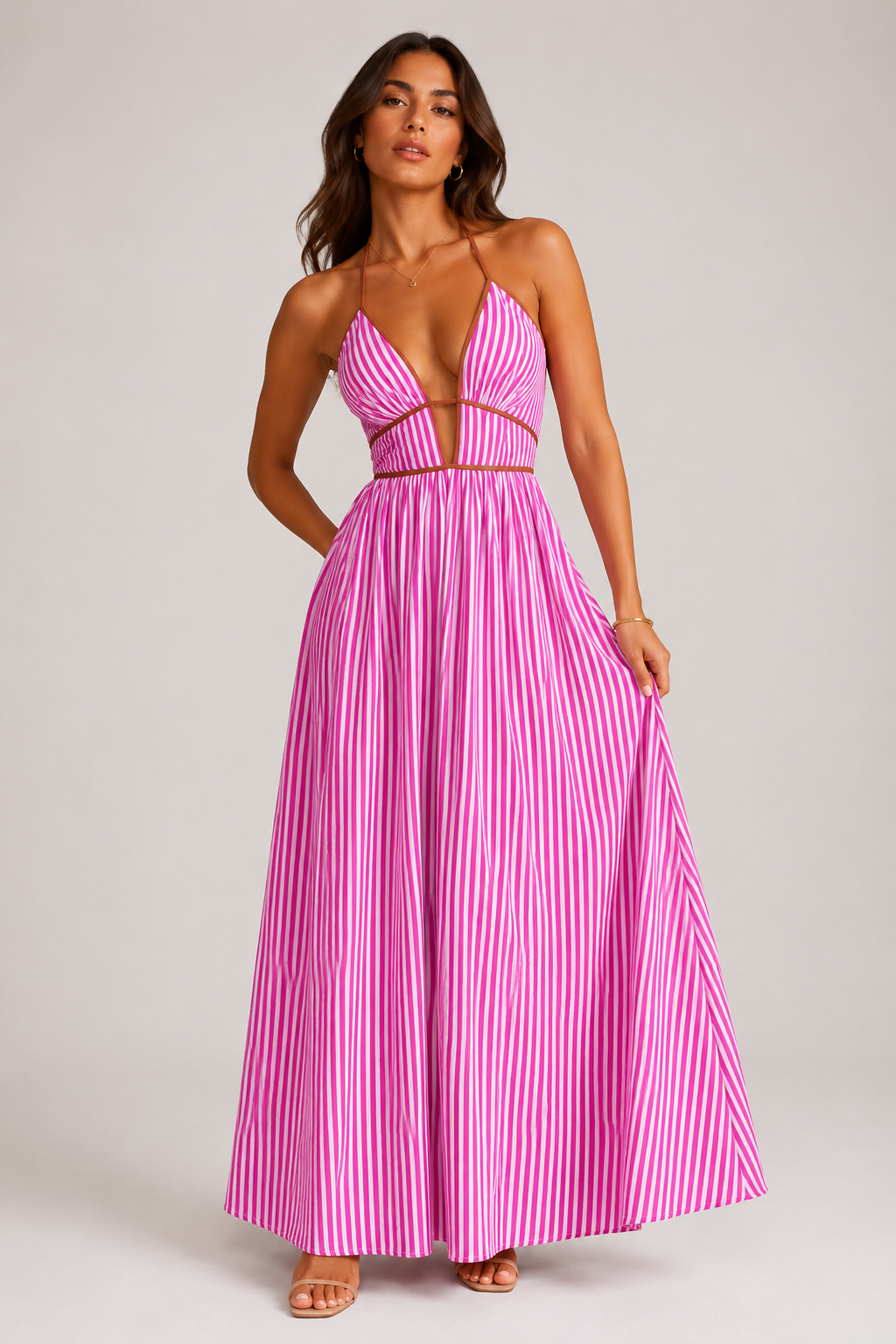 Damen Fließendes Gestreiftes Neckholder Maxikleid – Tiefes V-Ausschnitt Strandkleid
