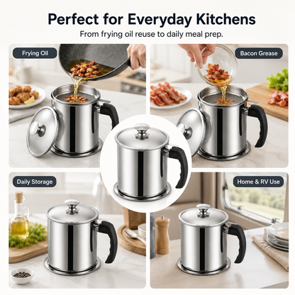 1 Count Stainless Steel Oil Pot with Filter Lid Tray for Grease Storage