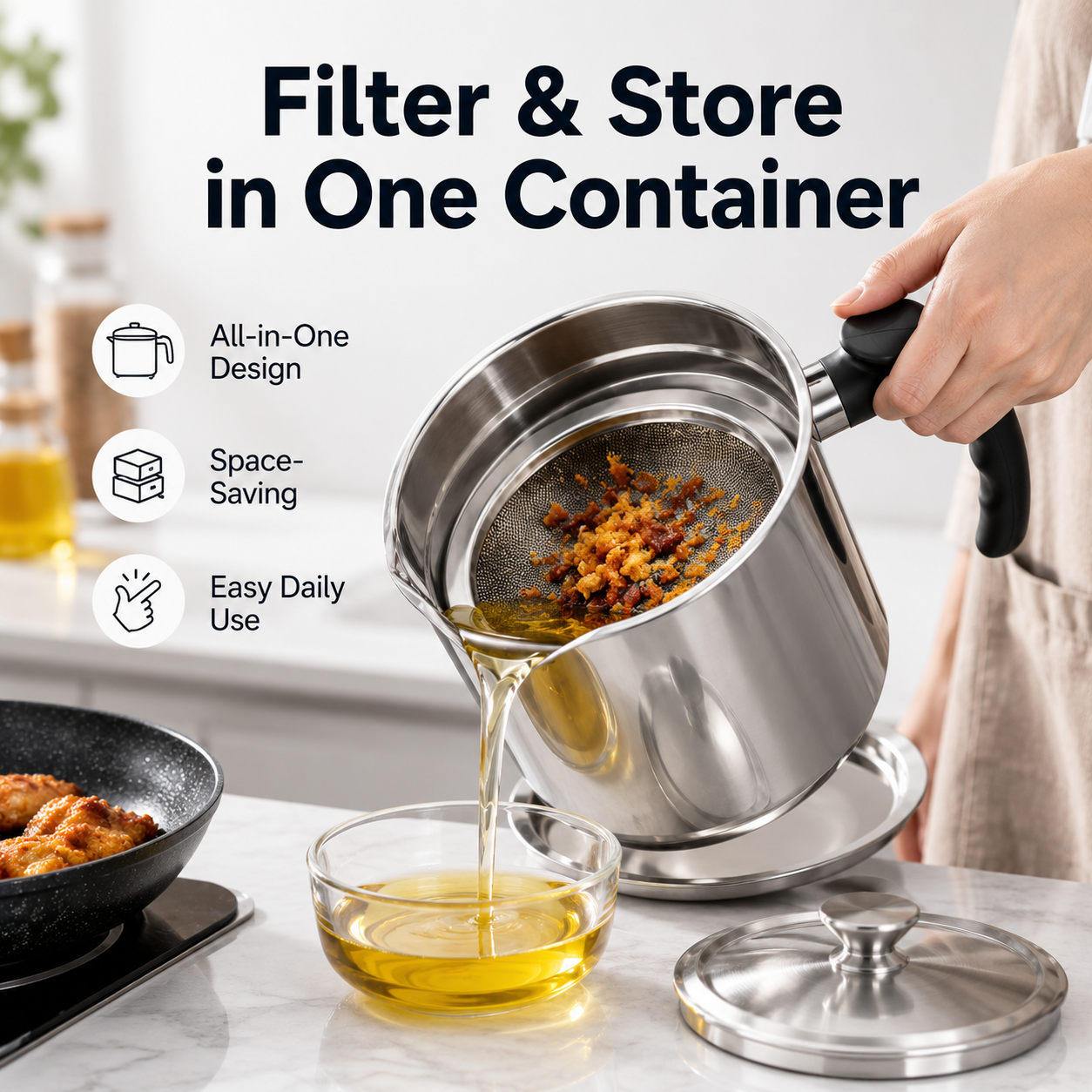 1 Count Stainless Steel Oil Pot with Filter Lid Tray for Grease Storage