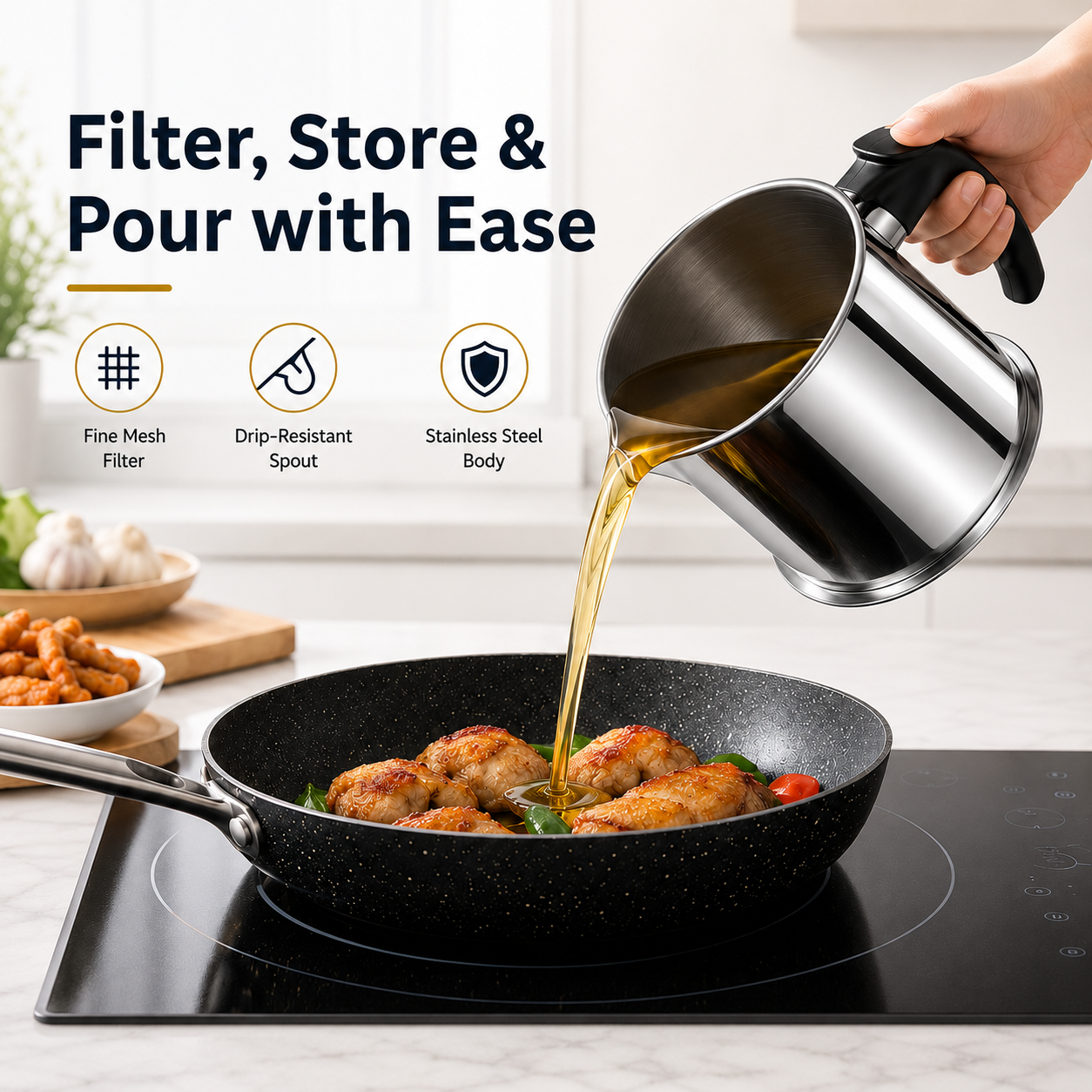 Modern Stainless Steel Oil Dispenser with Filter & Lid – 1.5L Kitchen Oil Storage Container