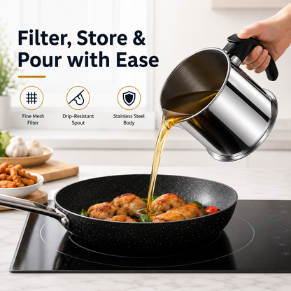 Modern Stainless Steel Oil Dispenser with Filter & Lid – 1.5L Kitchen Oil Storage Container