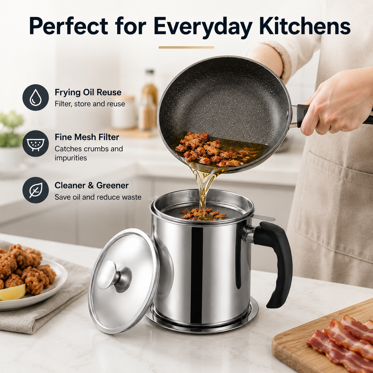 Modern Stainless Steel Oil Dispenser with Filter & Lid – 1.5L Kitchen Oil Storage Container