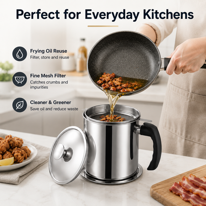 Modern Stainless Steel Oil Dispenser with Filter & Lid – 1.5L Kitchen Oil Storage Container