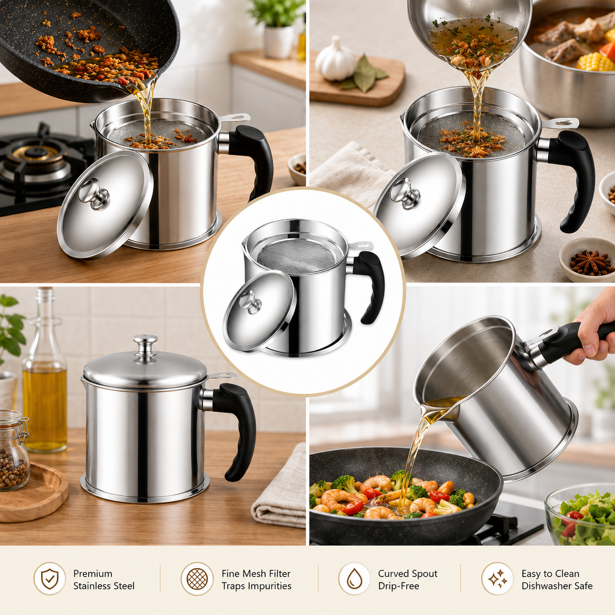 1 Count Stainless Steel Oil Pot with Filter Lid Tray for Grease Storage