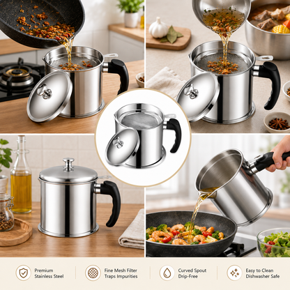 1 Count Stainless Steel Oil Pot with Filter Lid Tray for Grease Storage