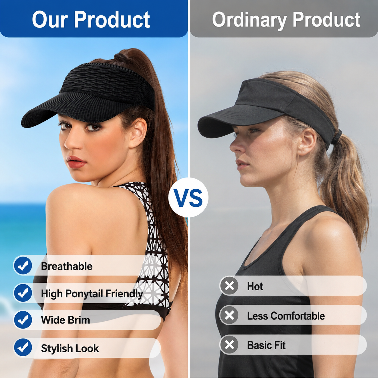 🧢 2Pcs Women High Ponytail Open Top Sun Visor Hat, UV Protection
