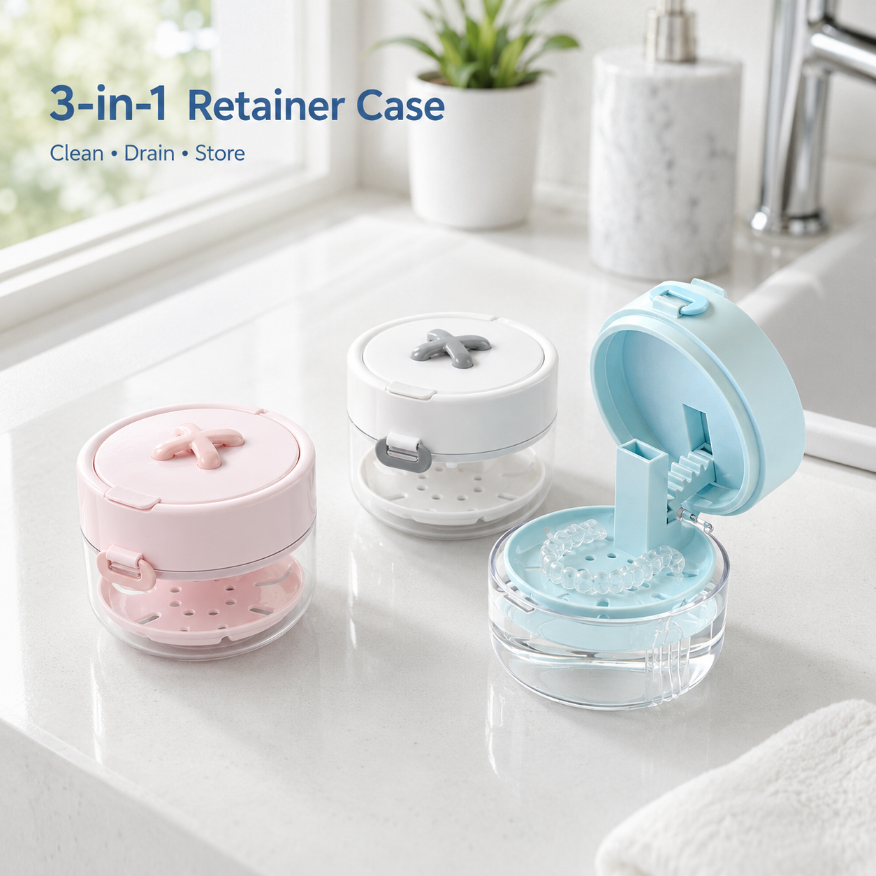 3-in-1 Retainer Soak Case with Drain Tray, Mirror & Cleaning Brush for Aligners & Dentures