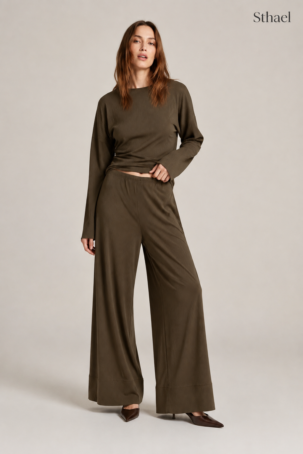 Women's Relaxed Ribbed Wide-Leg Two-Piece Set
