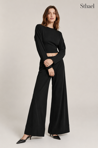 Women's Relaxed Ribbed Wide-Leg Two-Piece Set