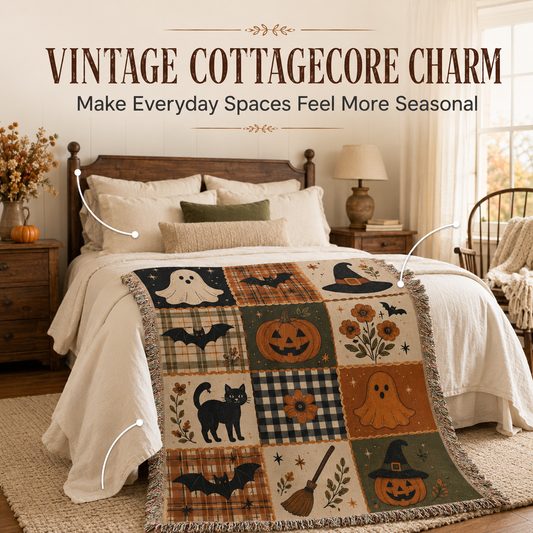 Halloween Goose Woven Blanket, Vintage Cottagecore Pumpkin Daisy Fall Throw Blanket