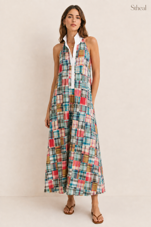 Damen Heritage Madras Neckholder-Maxikleid