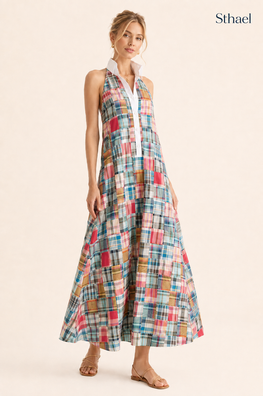Damen Heritage Madras Neckholder-Maxikleid