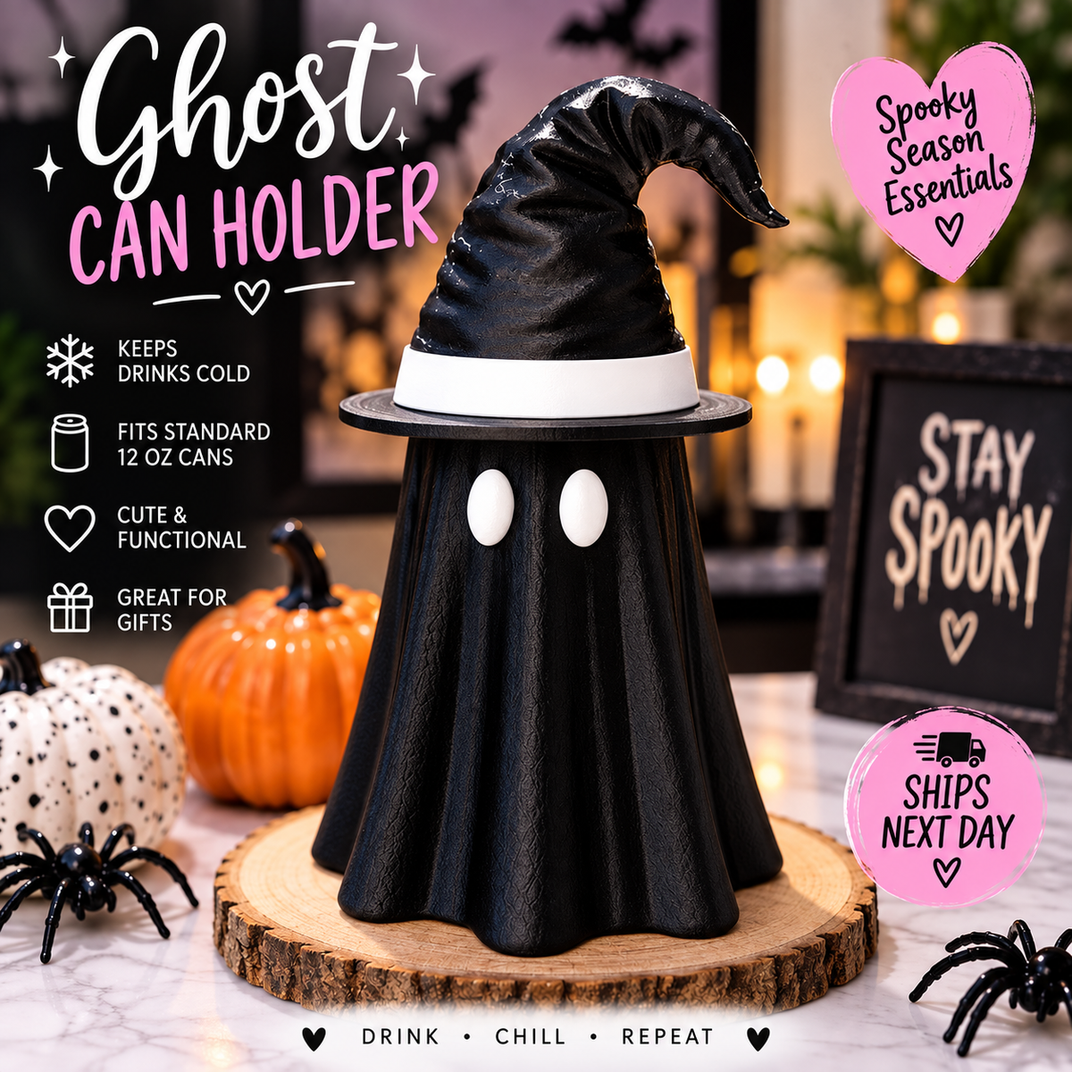 Halloween witch hat ghost Can Holder 12oz