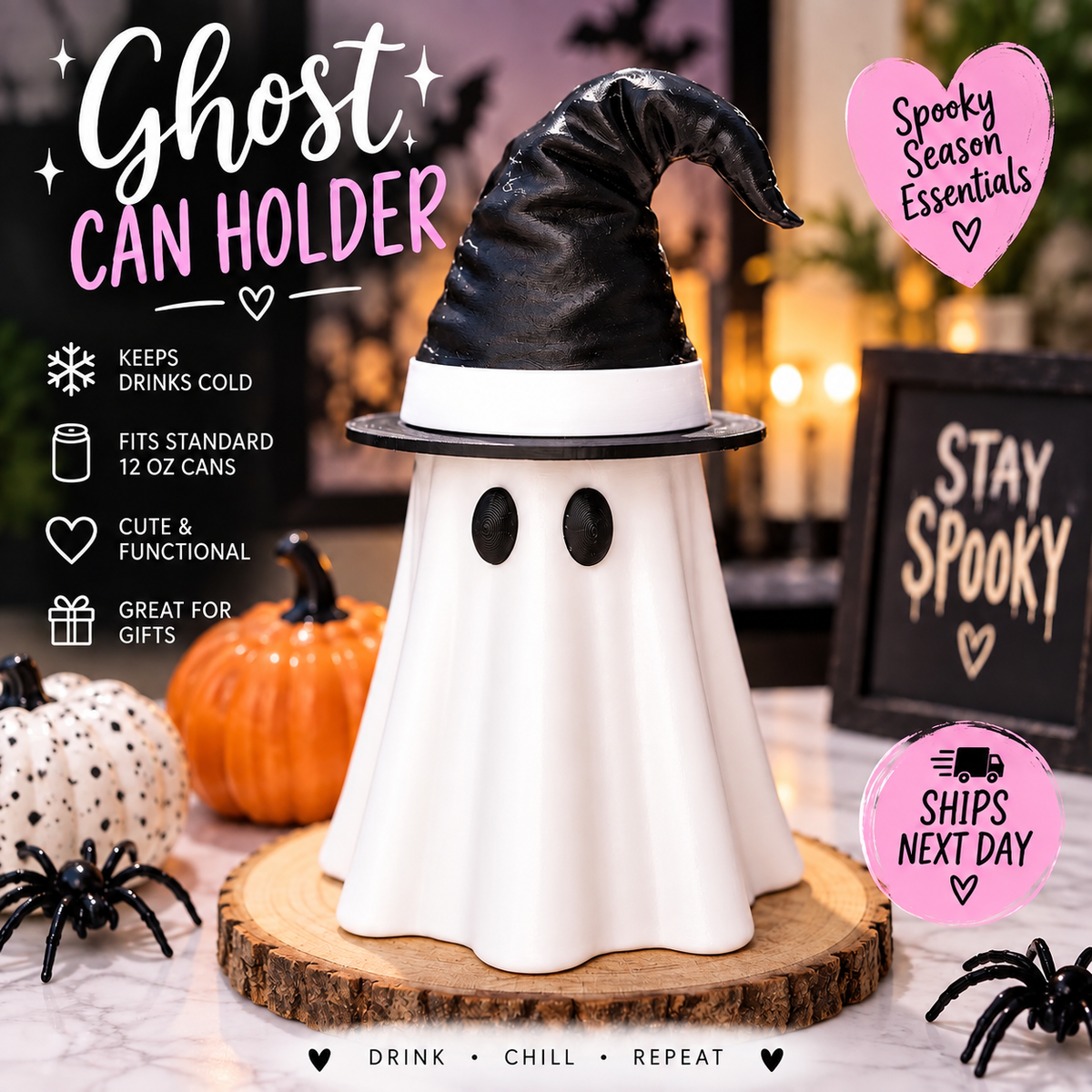 Halloween witch hat ghost Can Holder 12oz