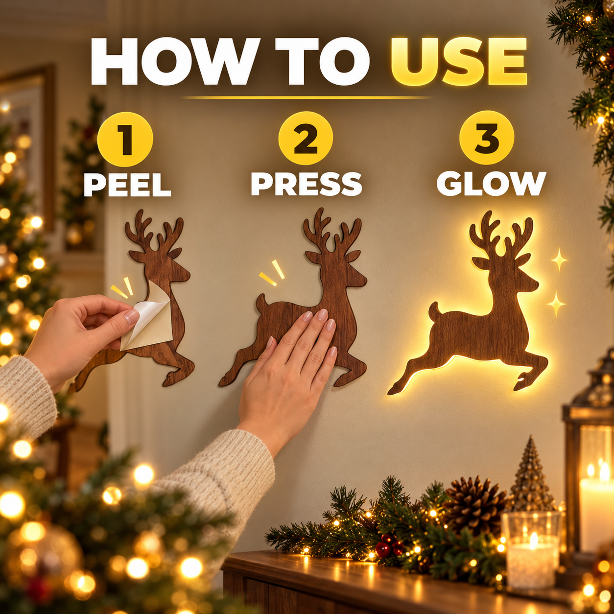 Light-Up Press-On Reindeer Christmas Décor Set
