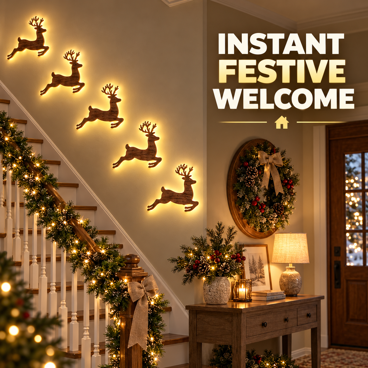Light-Up Press-On Reindeer Christmas Décor Set