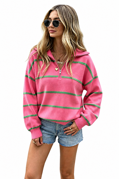 Color Block Striped Quarter-Zip Oversized Sweater