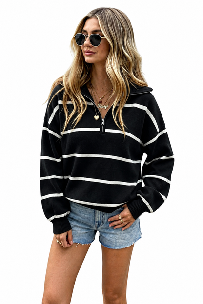 Color Block Striped Quarter-Zip Oversized Sweater