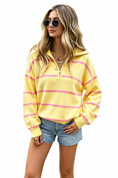 Color Block Striped Quarter-Zip Oversized Sweater