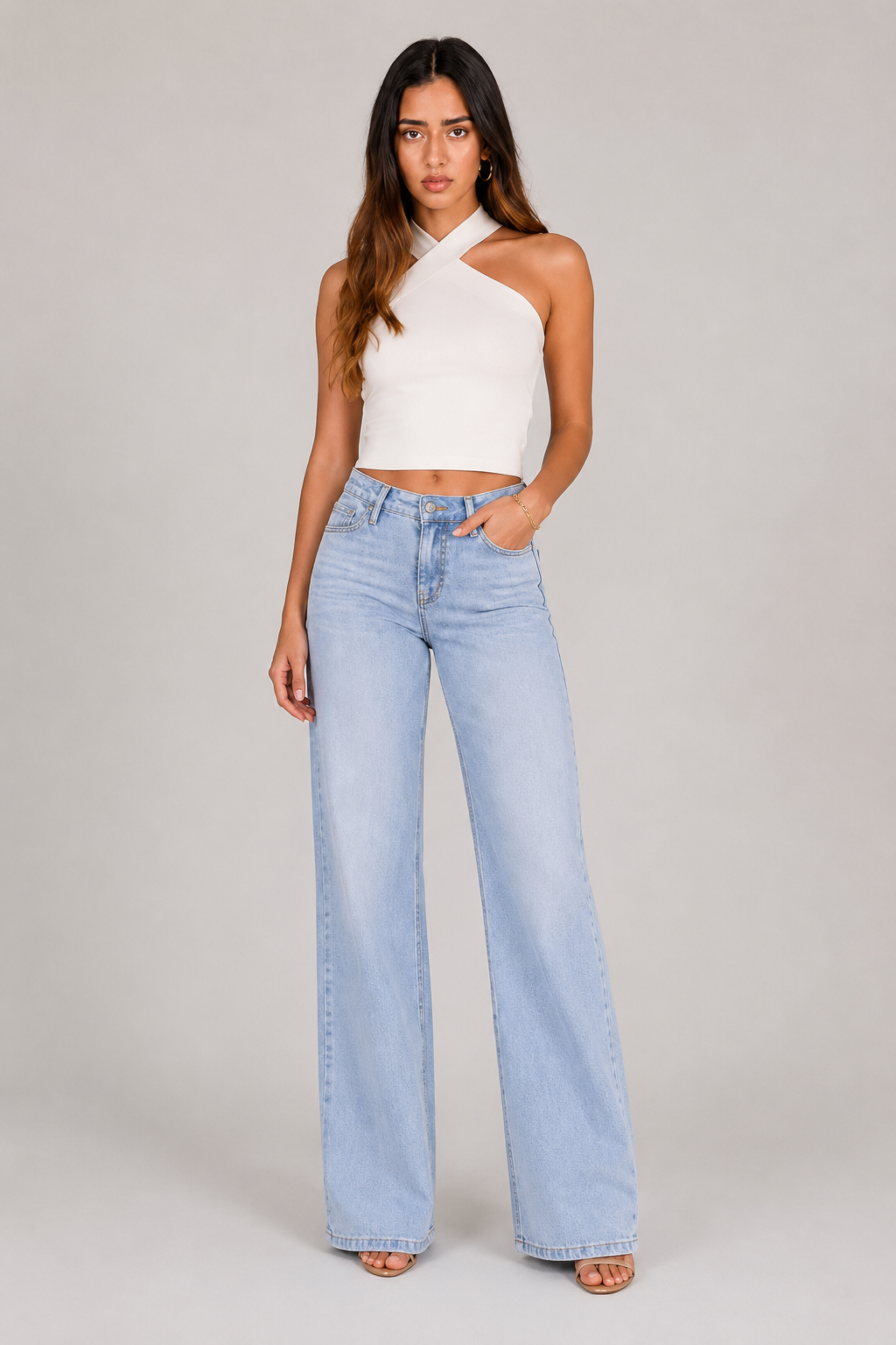 Mid Rise Stretch Wide Leg Baggy Jeans