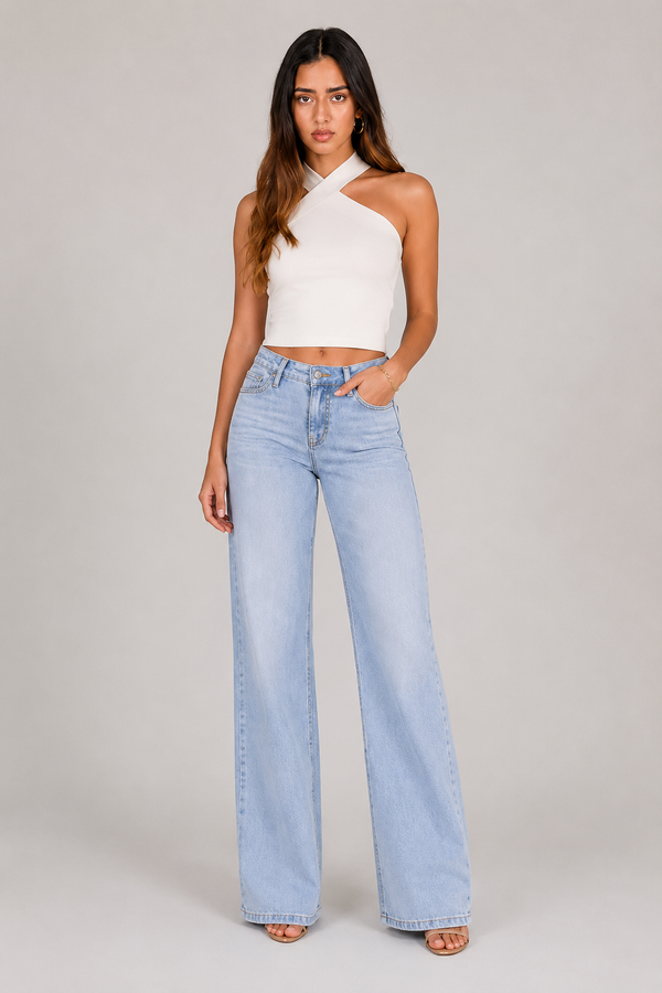 Mid Rise Stretch Baggy Jeans mit weitem Bein