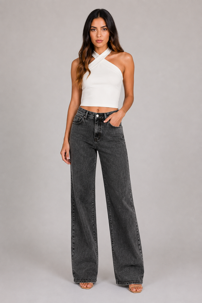 Mid Rise Stretch Wide Leg Baggy Jeans