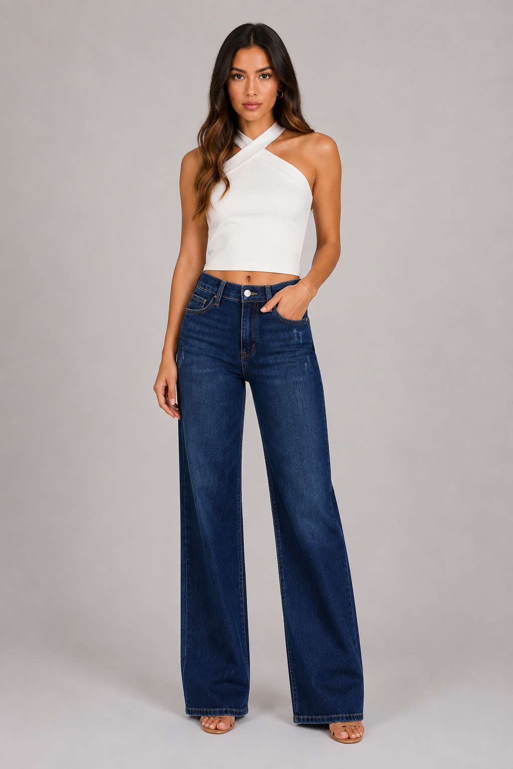 Mid Rise Stretch Wide Leg Baggy Jeans