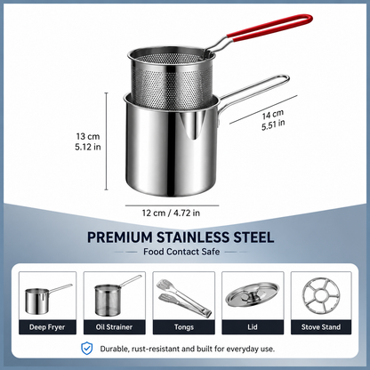 2026🔥🍟 Personal Mini Deep Fryer Set – Stainless Steel Pot with Lift-Out Draining Basket & Food Tongs