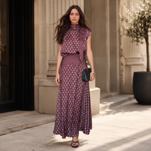 Elegant Retro Print Satin Two-Piece Set – Sleeveless Scarf Neck Halter Top & Flowing Maxi Skirt