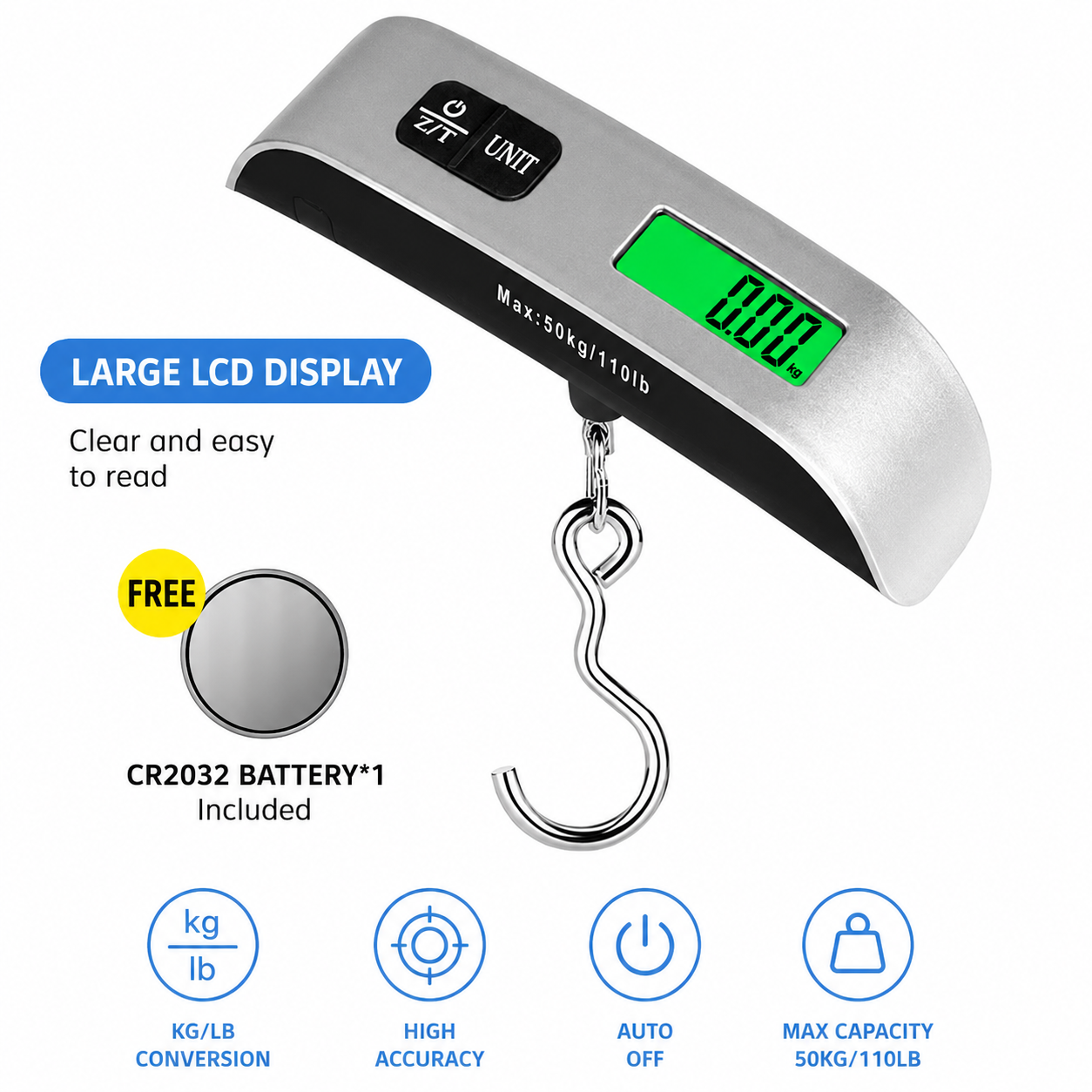 Portable Digital Hanging Luggage Scale with Backlit LCD Display