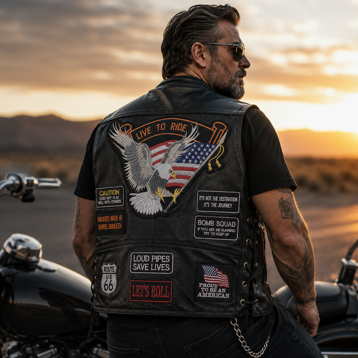 🦅 Genuine Leather Biker Vest – Eagle & American Patches