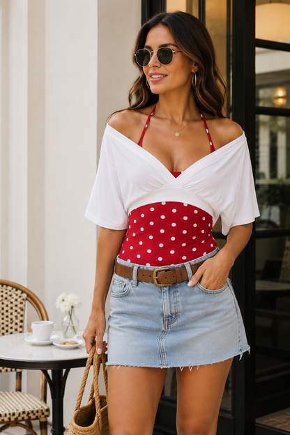 Women's Polka Dot Cami & Off-Shoulder Crop Top Set