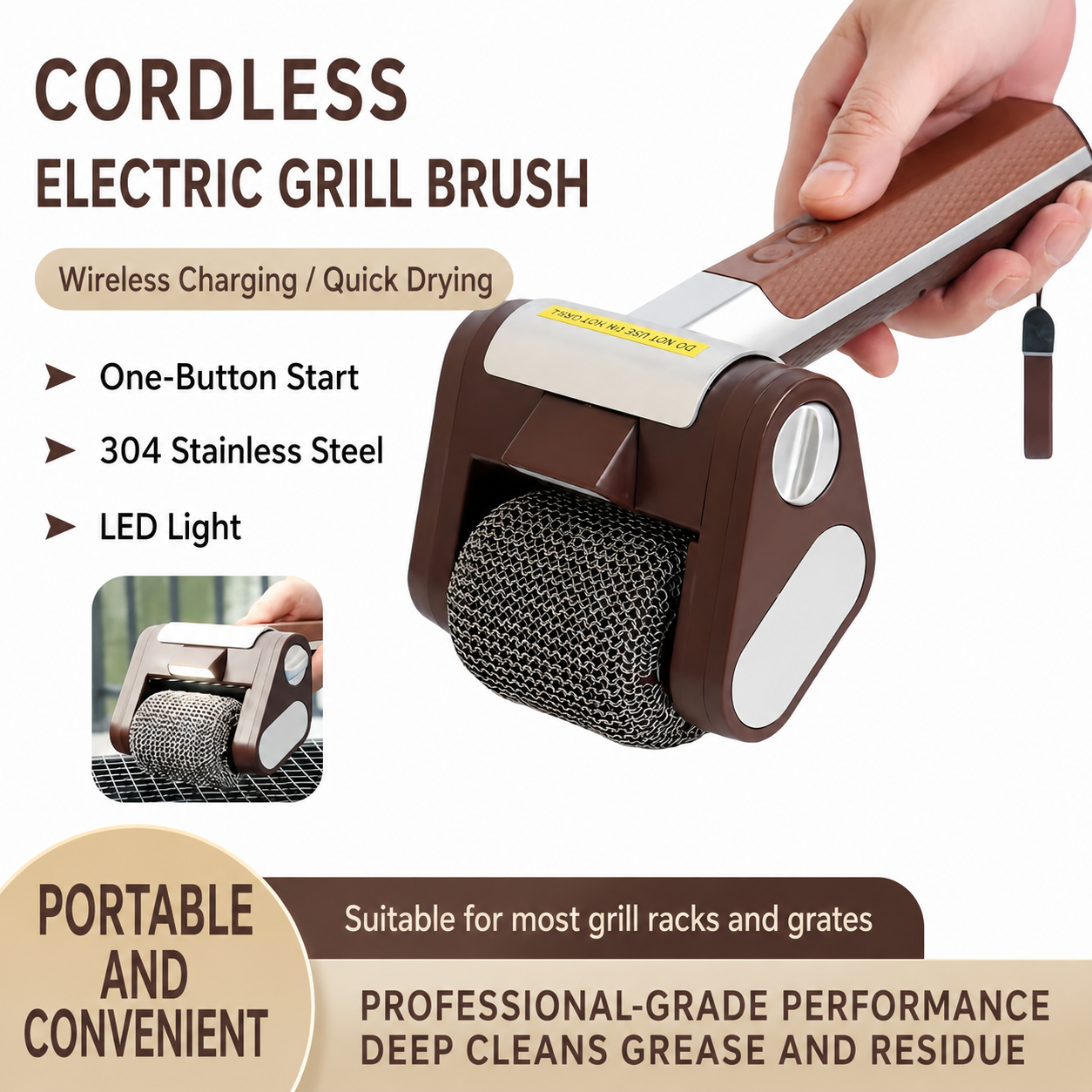 【Father's Day Gift】Electric Grill Brush with LED Light – Bristle-Free BBQ Cleaner with 304 Stainless Steel Power Roller