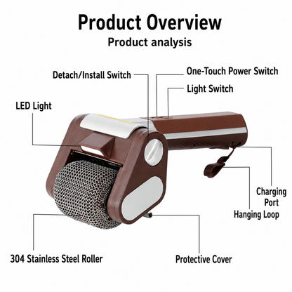 【Father's Day Gift】Electric Grill Brush with LED Light – Bristle-Free BBQ Cleaner with 304 Stainless Steel Power Roller
