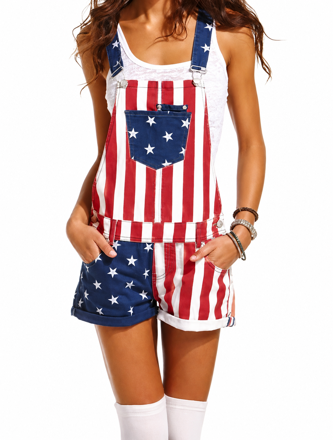 4th of July American Flag Overalls – Patriotic Stretch Denim Romper for Men & Women
