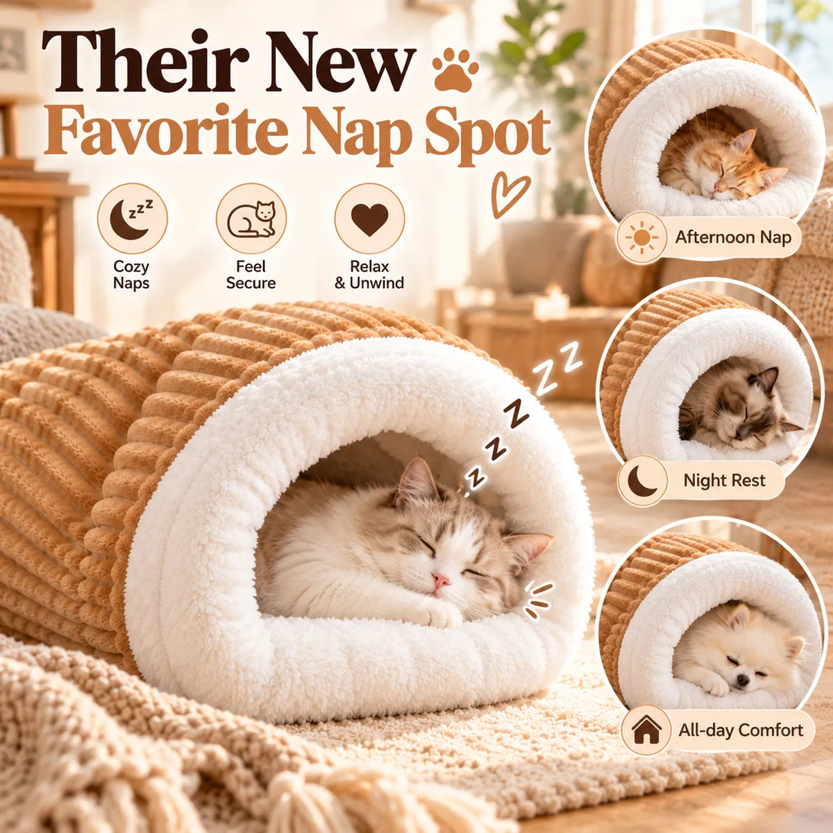 🎁Cozy Cave Pet Bed – Warm Plush Burrow Bed for Cats & Small Dogs, Soft Tunnel Hideaway for All-Season Comfort