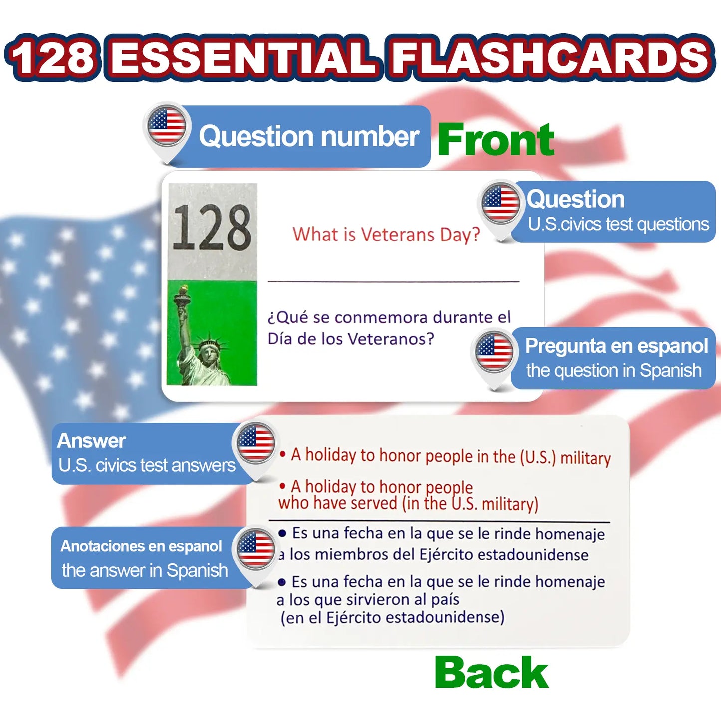📚 2026 US Citizenship Flash Cards (Spanish/English) – 128 USCIS Questions & Answers by STICQUE