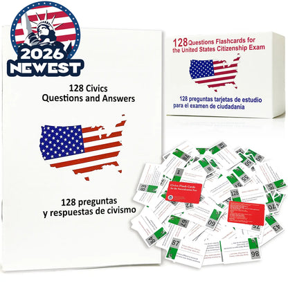 📚 2026 US Citizenship Flash Cards (Spanish/English) – 128 USCIS Questions & Answers by STICQUE