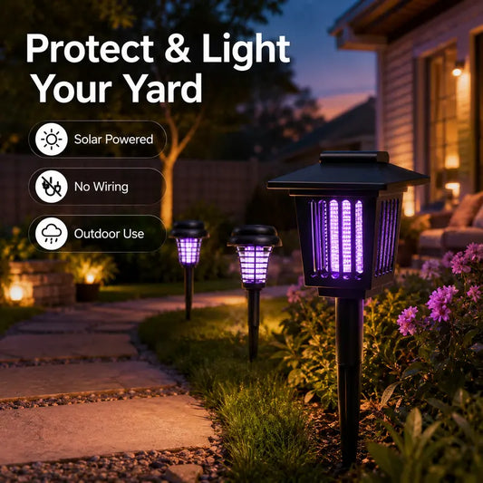 Solar-Mückenvernichterleuchte – Garten-Erdspießlampe für den Außenbereich, UV-Insektenvernichter, solarbetrieben, Dual-Modus (Mückenbekämpfung + Wegbeleuchtung), wetterfest, einfache Installation, kleine und große runde + quadratische Optionen