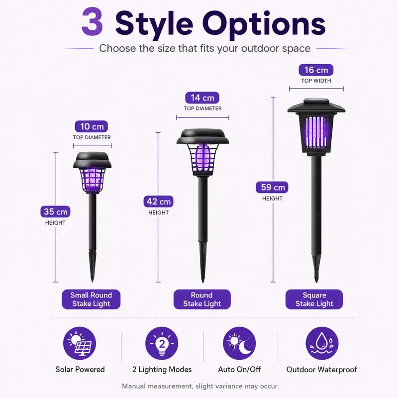 Solar Mosquito Zapper Light – Outdoor Garden Stake Lamp, UV Insect Killer, Solar Powered, Dual Mode (Mosquito Control + Pathway Lighting), Weather Resistant, Easy Setup, Small & Large Round + Square Options