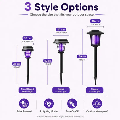 Solar Mosquito Zapper Light – Outdoor Garden Stake Lamp, UV Insect Killer, Solar Powered, Dual Mode (Mosquito Control + Pathway Lighting), Weather Resistant, Easy Setup, Small & Large Round + Square Options