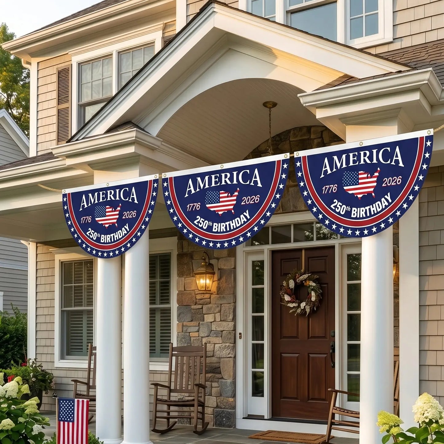 🇺🇸🎉 America 250th Birthday Semicircular Flag Banner – 1776–2026 Patriotic Bunting, 4th of July Porch Decor