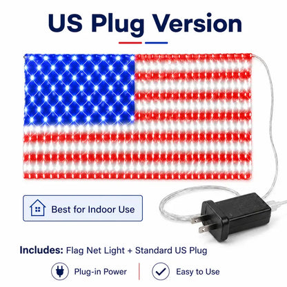 Bright American flag LED mesh light, Waterproof solar-powered outdoor light. Suitable for indoor/outdoor use.