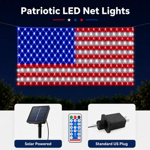 Bright American flag LED mesh light, Waterproof solar-powered outdoor light. Suitable for indoor/outdoor use.