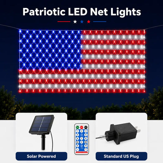 Bright American flag LED mesh light, Waterproof solar-powered outdoor light. Suitable for indoor/outdoor use.