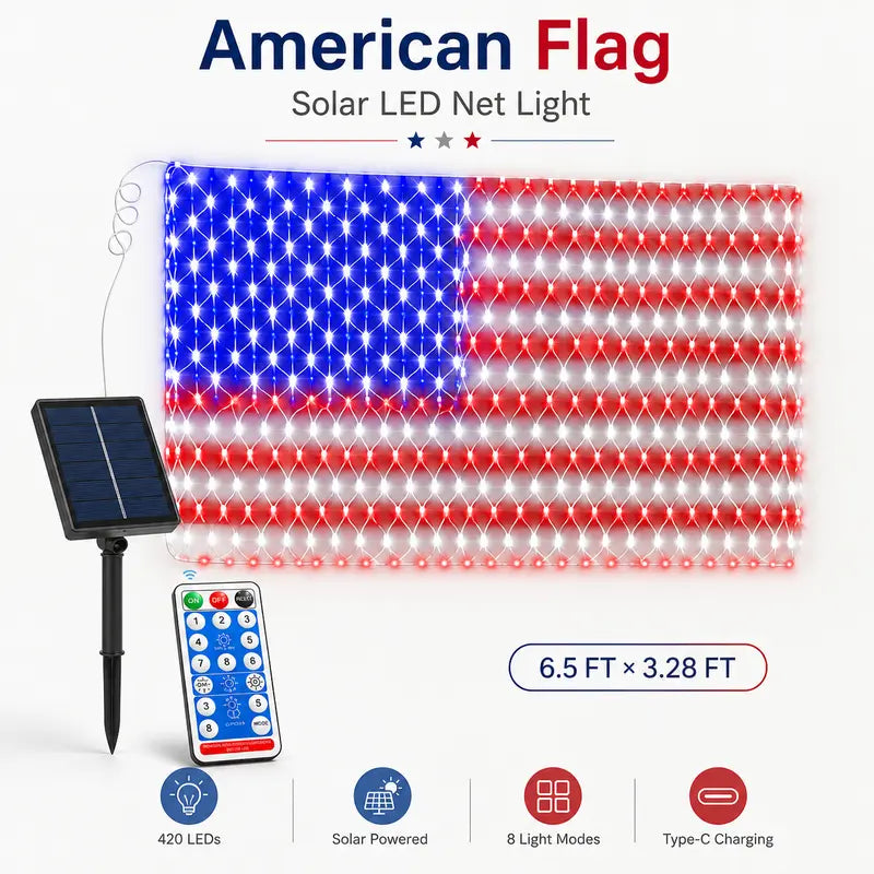 Bright American flag LED mesh light, Waterproof solar-powered outdoor light. Suitable for indoor/outdoor use.