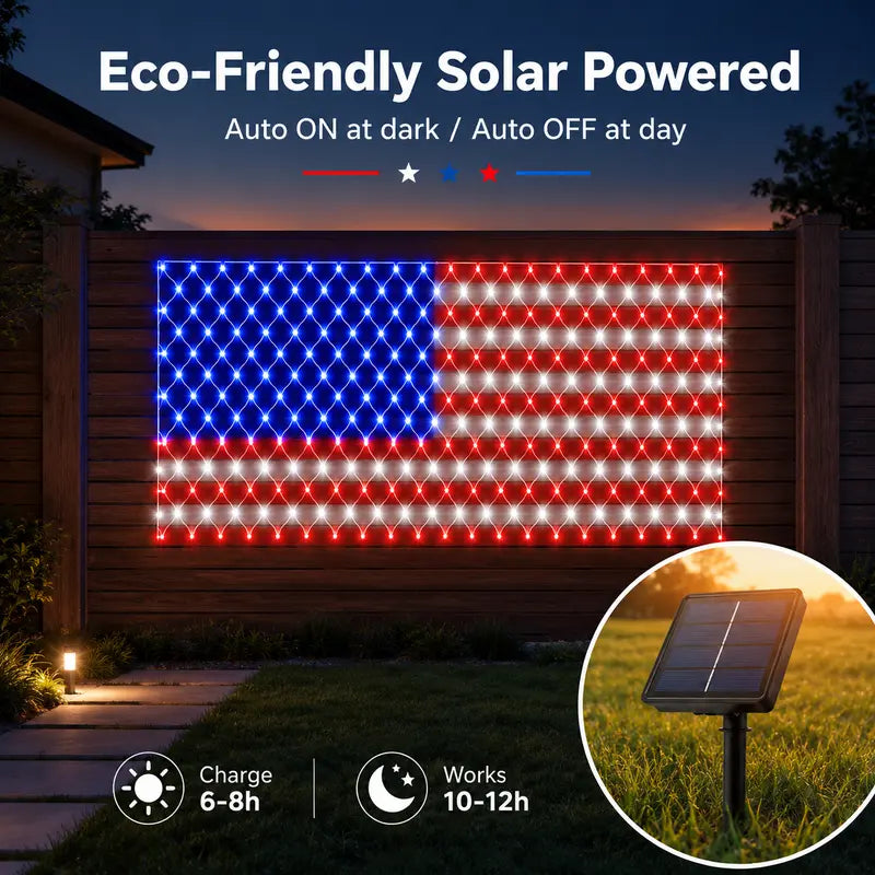 Bright American flag LED mesh light, Waterproof solar-powered outdoor light. Suitable for indoor/outdoor use.