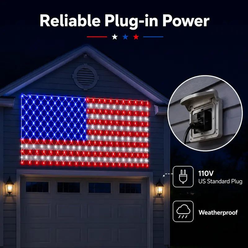 Bright American flag LED mesh light, Waterproof solar-powered outdoor light. Suitable for indoor/outdoor use.
