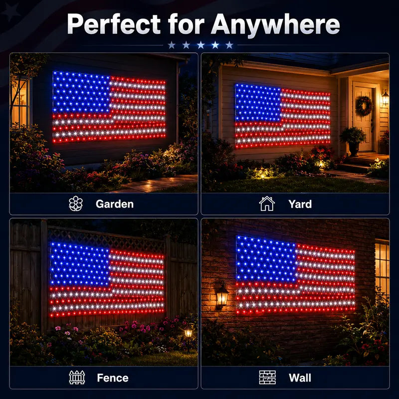 Bright American flag LED mesh light, Waterproof solar-powered outdoor light. Suitable for indoor/outdoor use.