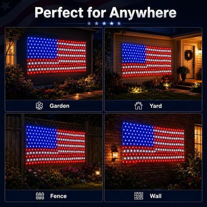 Bright American flag LED mesh light, Waterproof solar-powered outdoor light. Suitable for indoor/outdoor use.